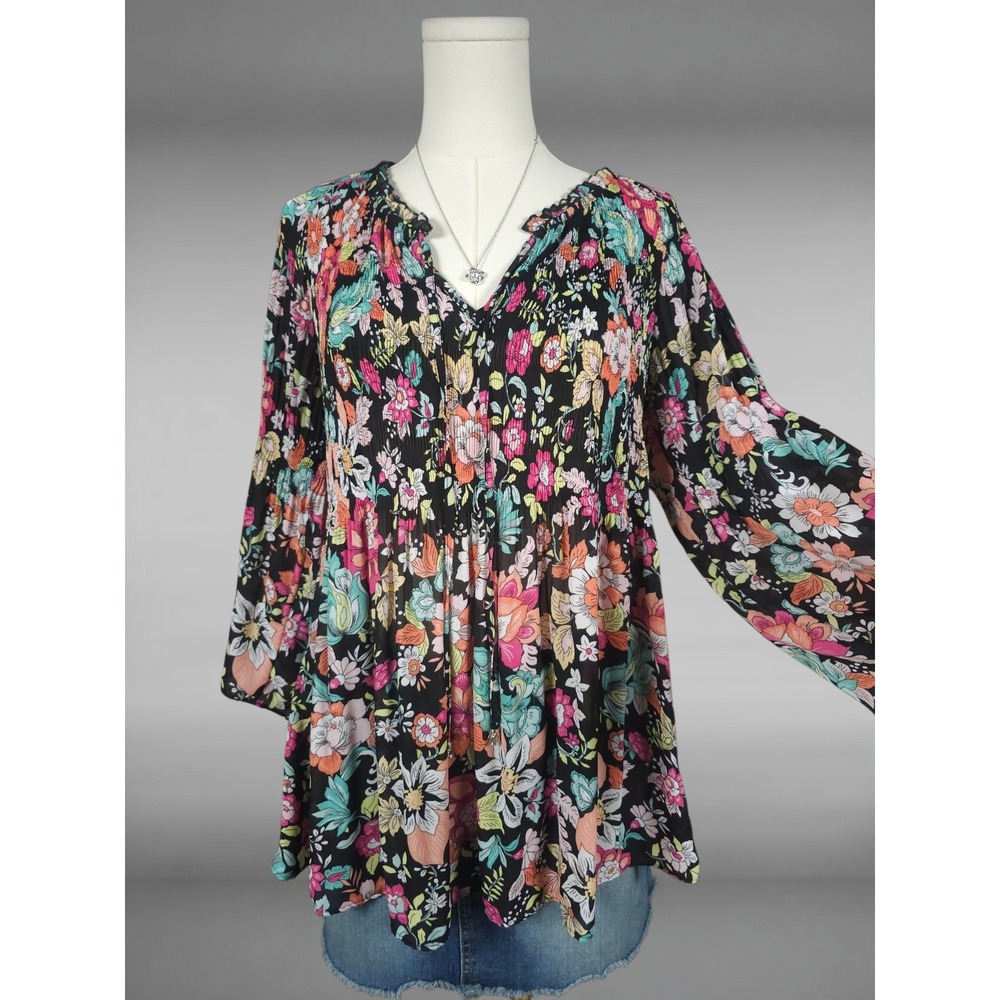 Ninety Clothing Co Boho Peasant Whimsygoth Floral Tunic Blouse Pleated Top M
